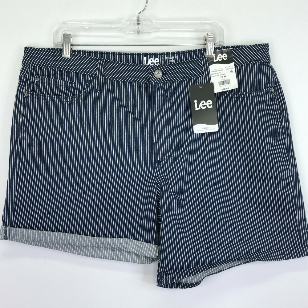 Lee Midrise Regular Fit Blue Railroad Striped Denim Shorts Womens Size 20M